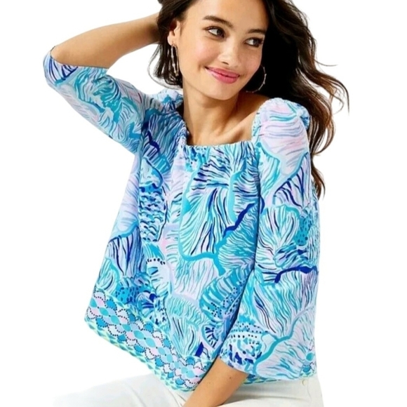 Lilly Pulitzer Lizzie Top Bermuda Blue Fishful Thinking Blue Lilac Size S - Picture 4 of 9